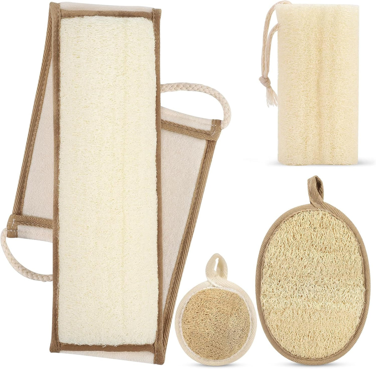 DEBETOOL 4-Piece Natural Loofah Back Scrubber with Face Scrubber Pad