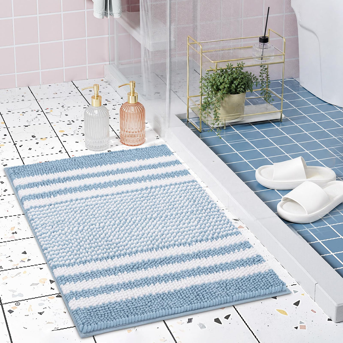 BSICPRO Bathroom Rugs Sets 2 Piece, Non Slip Striped Bath Mats, Fog Blue