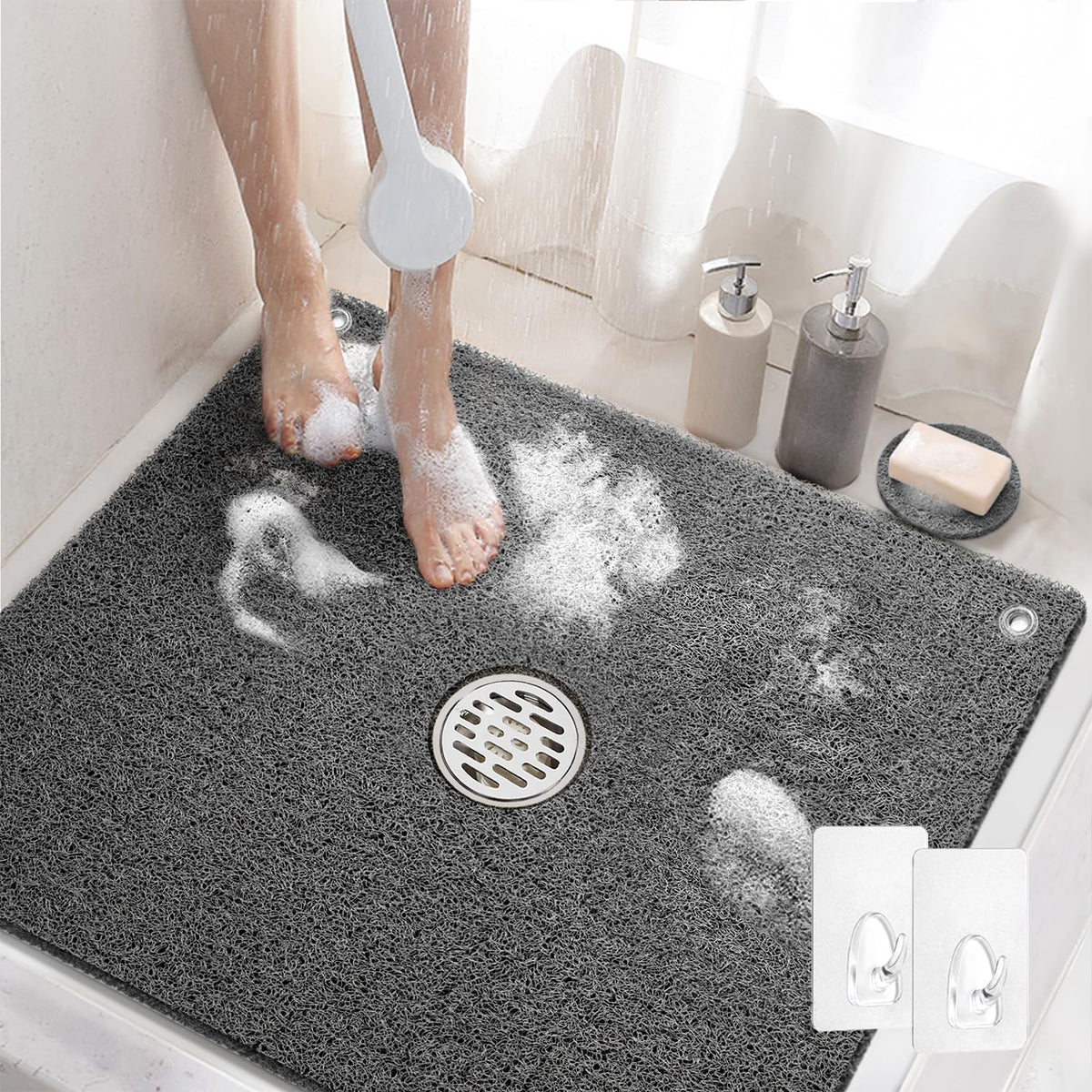 HITSLAM Square Shower Mat, 24 x 24 Inch Non Slip Bath Mat for Tub, Soft PVC Loofah Bathtub Mats with Drain Holes, Quick Drying Bathroom Stall Floor Mat, Bathroom Accessories Without Suction Cup, Grey