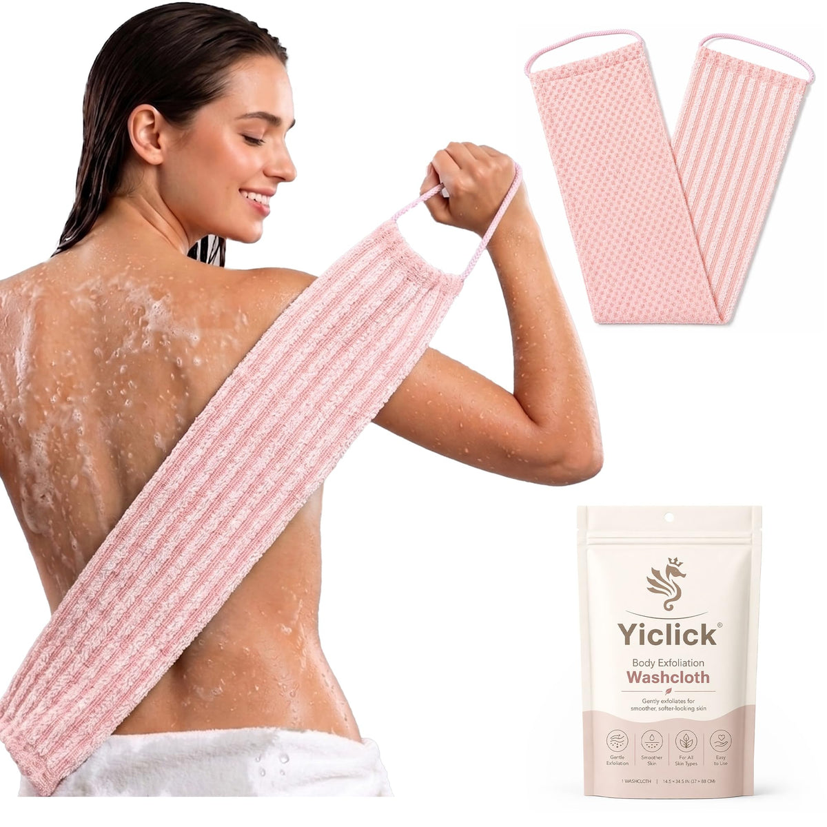 Yiclick Dual-Textured Exfoliating Washcloth Towel - Back Scrubber for Use in Shower Bath, Exfoliating Body Scrubber Exfoliator, Japanese Exfoliate Loofah Lufa Sponge Wash Cloth for Women Men