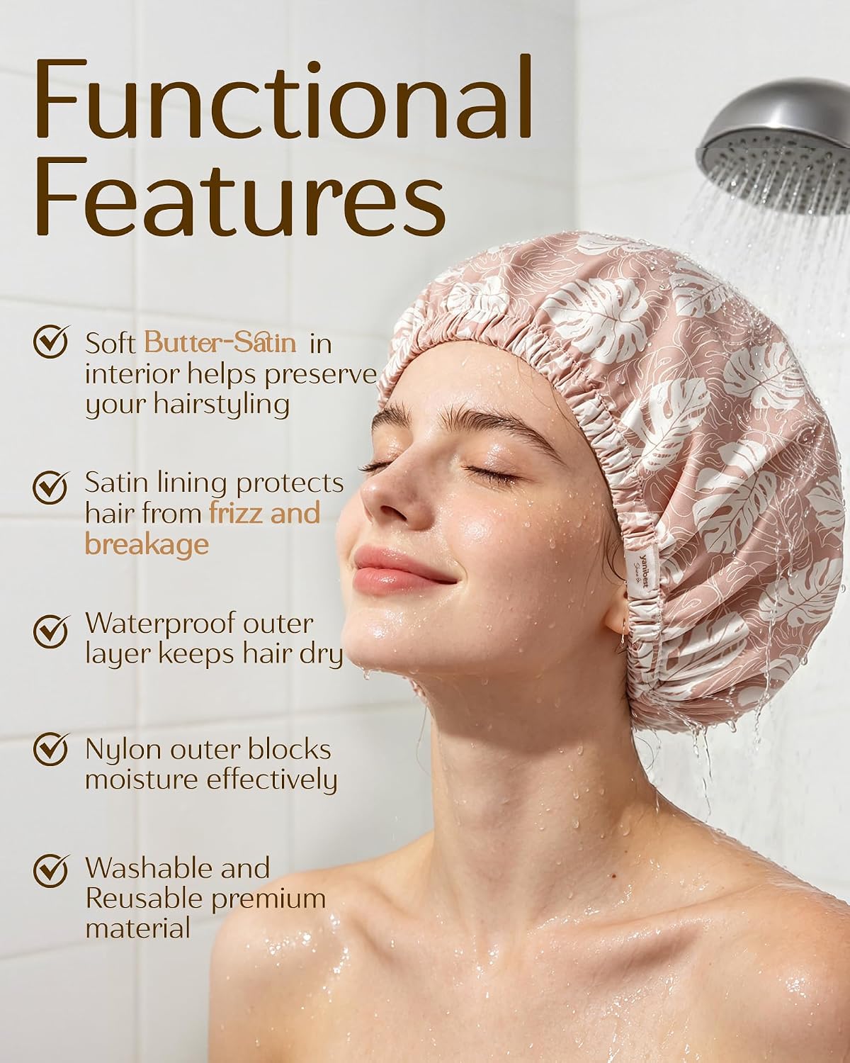 Yanibest Satin Lined Shower Cap, Shower Caps for Women Reusable Waterproof