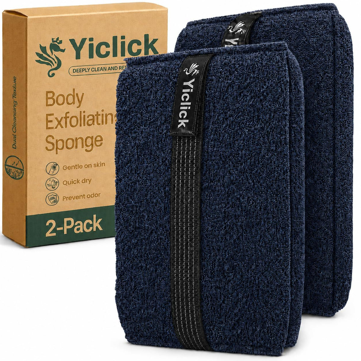 Yiclick Exfoliating Body Scrubber (2 Pack), Body Scrubber Exfoliator, Exfoliating Sponge for Shower Bath, Shower Loofah Luffa Lufa with Handle for Men Women, Dead Skin Exfoliator for Body Scrub