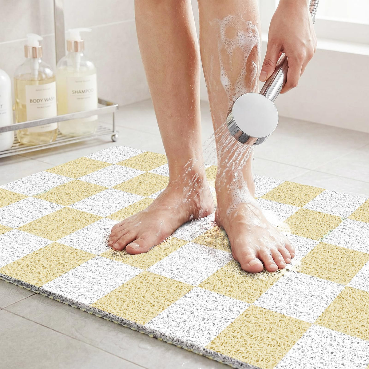 BLESWIN Loofah Mats for Shower 24"x16", PVC Bath Mat for Inside Shower, Bath Mat for Tub Non Slip, Checkered Shower Quick Dry Mats with Drain Hole, Colorful Checkered