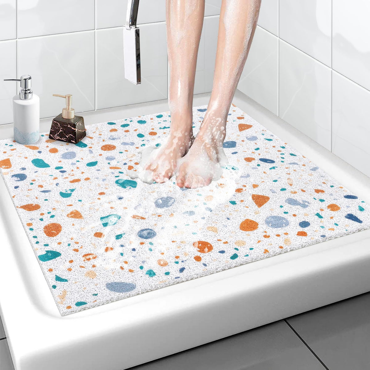 Shower Mat Non-Slip, Soft Comfort Bath Mat with Drainage Holes, PVC Loofah Massage Bathtub Mat for Shower, Tub, Bathroom, Wet Areas, Quick Drying