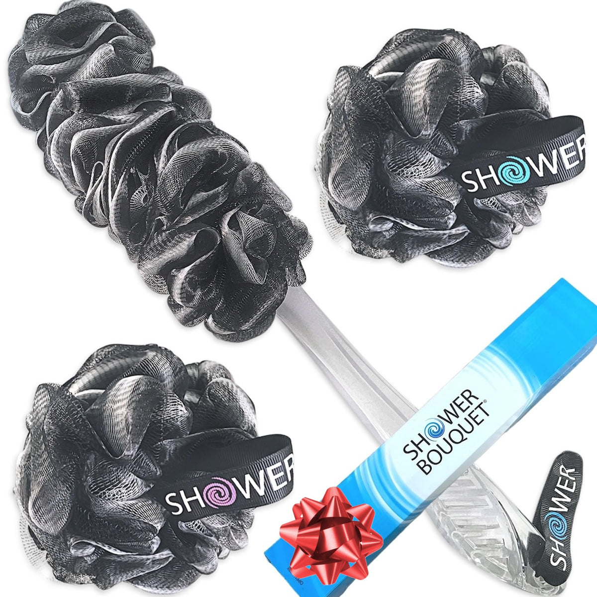 SHOWER BOUQUET Color-Charcoal Back-Loofah-with-Handle | 2-Pack Loofa Lufa