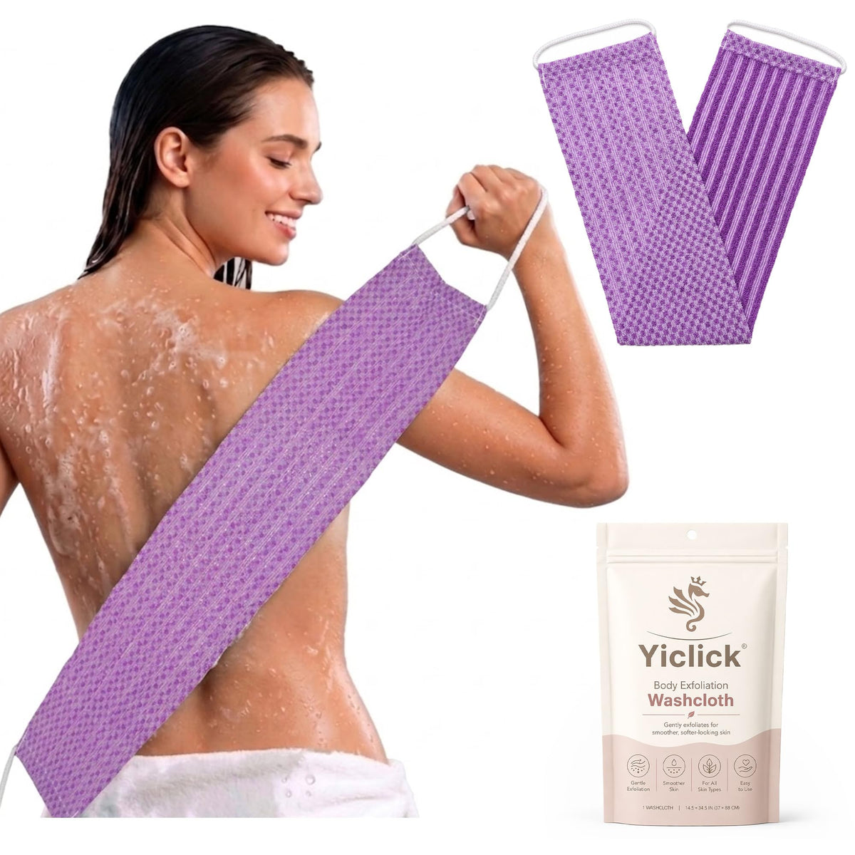 Yiclick Dual-Textured Exfoliating Washcloth Towel - Back Scrubber for Use in Shower Bath, Exfoliating Body Scrubber Exfoliator, Japanese Exfoliate Loofah Lufa Sponge Wash Cloth for Women Men