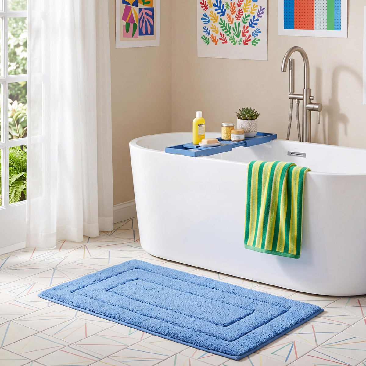 GRANNY SAYS Blue Bathroom Rug 16" x 24", Non-Slip Microfiber Bath Mat