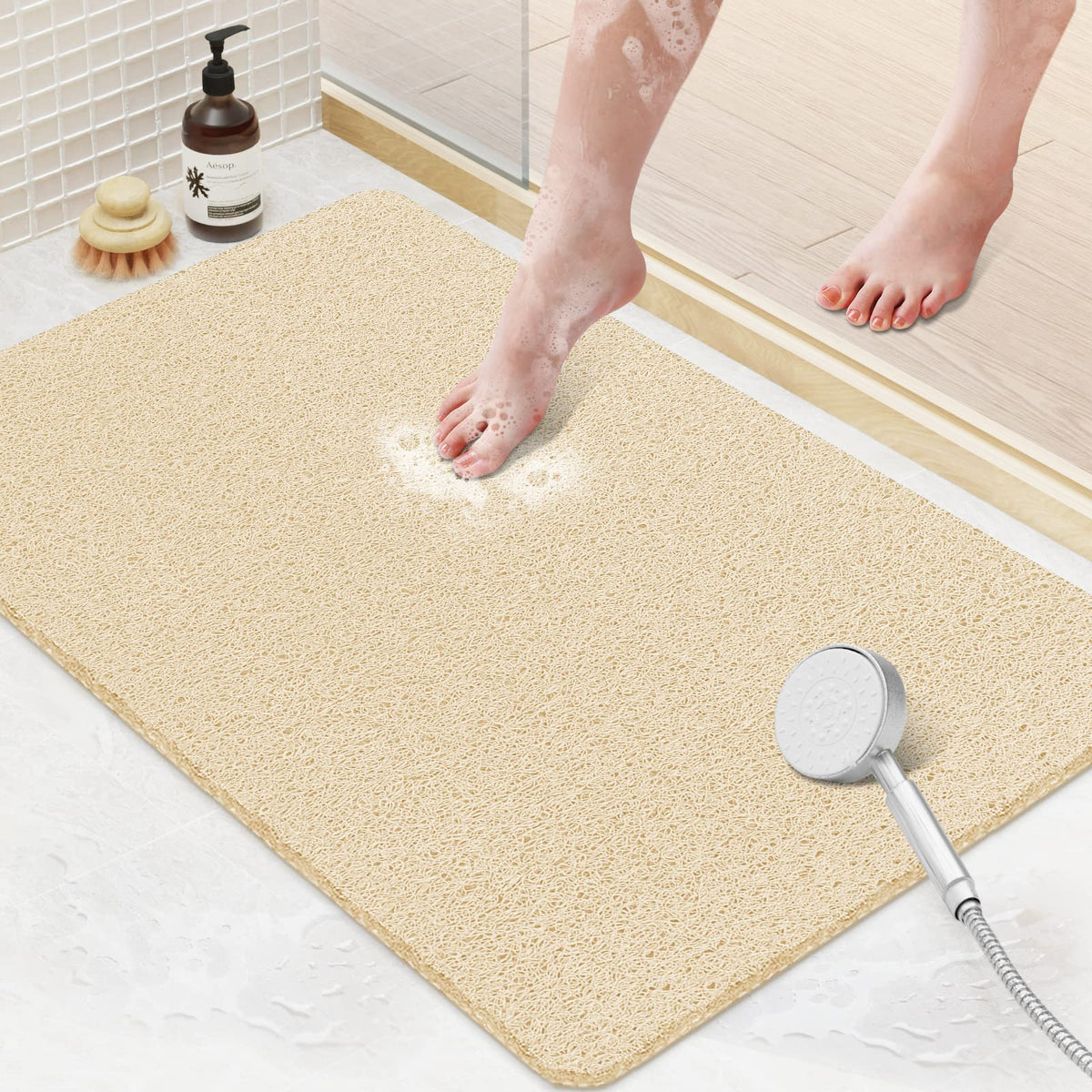Shower Mat Bathtub Mat Non-Slip,24x16 inch, Soft Tub Mat with Drain,PVC Loofah Bath Mat (Phthalate Free) for Tub and Bathroom,Quick Drying,Black