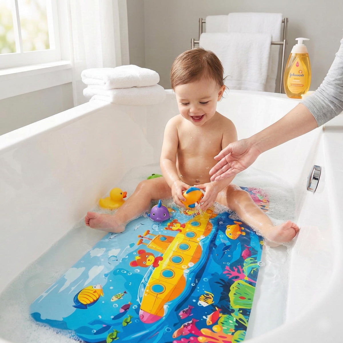BEEHOMEE Kids Bath Mat for Tub, Non-Slip Toddler Bathtub Mat(Blue-Octopus)