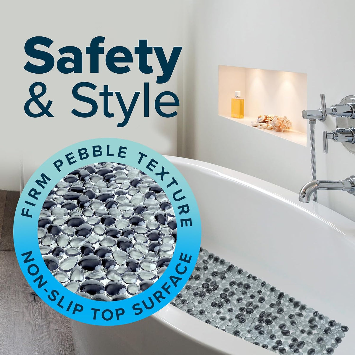 SlipX Solutions 38"x17" Pebble Non Slip Mat for Bath & Shower, Dark Gray