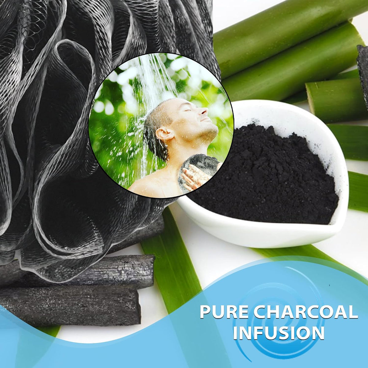 SHOWER BOUQUET Loofah-Charcoal Bath-Sponge-4-Pack Extra-Large 75g Soft Mesh
