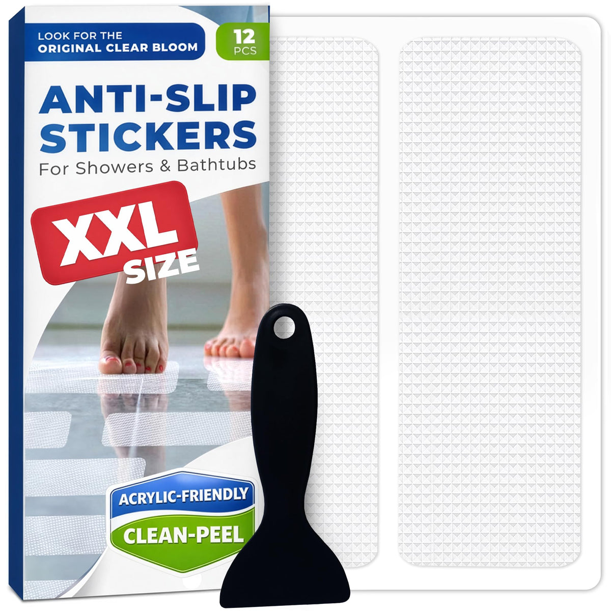 XXL Anti Slip Shower Stickers 12 PCS, Non-Slip Bath Tub Strips, Clear