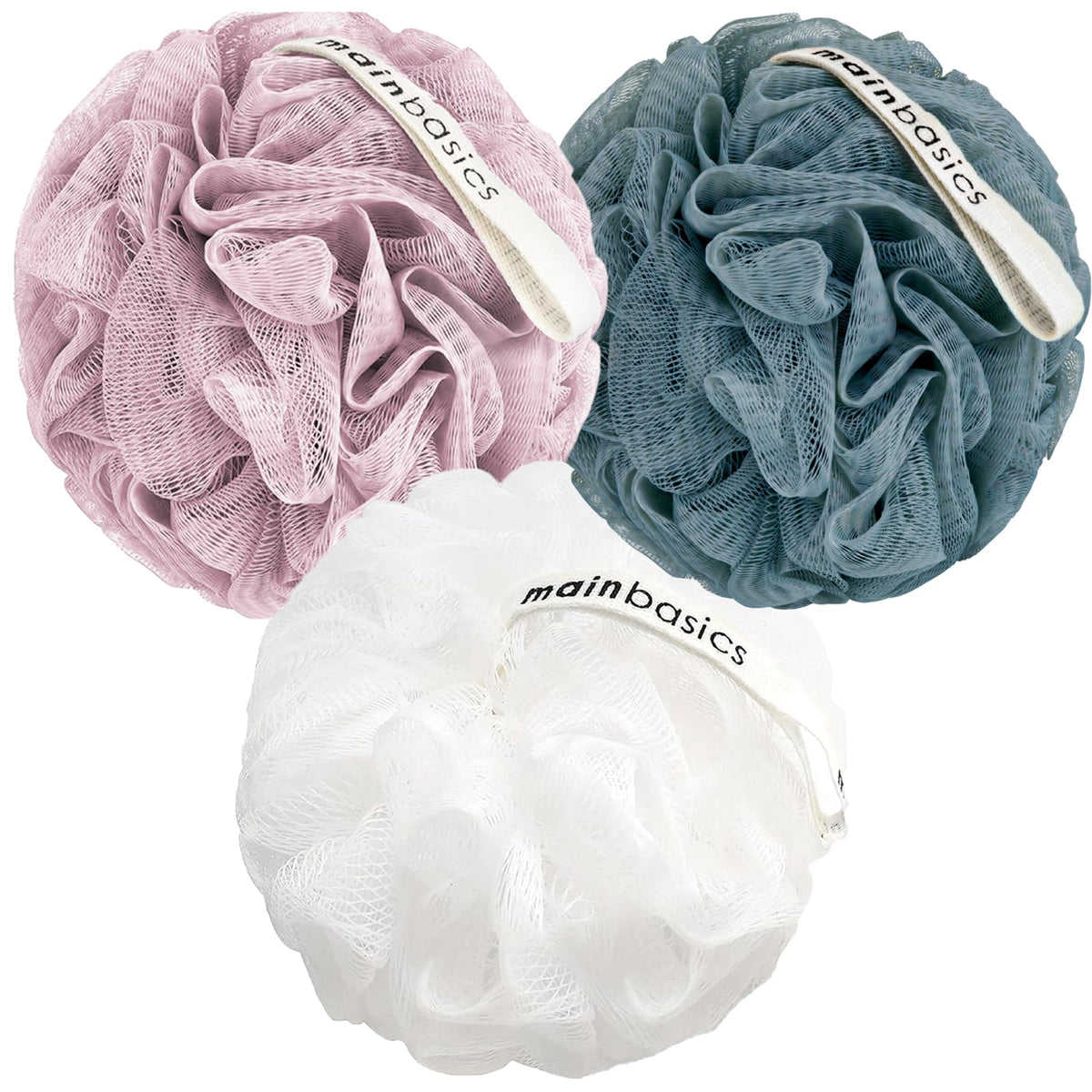 MainBasics Shower Loofah Sponge Pouf, Set of 3, Earthy Love