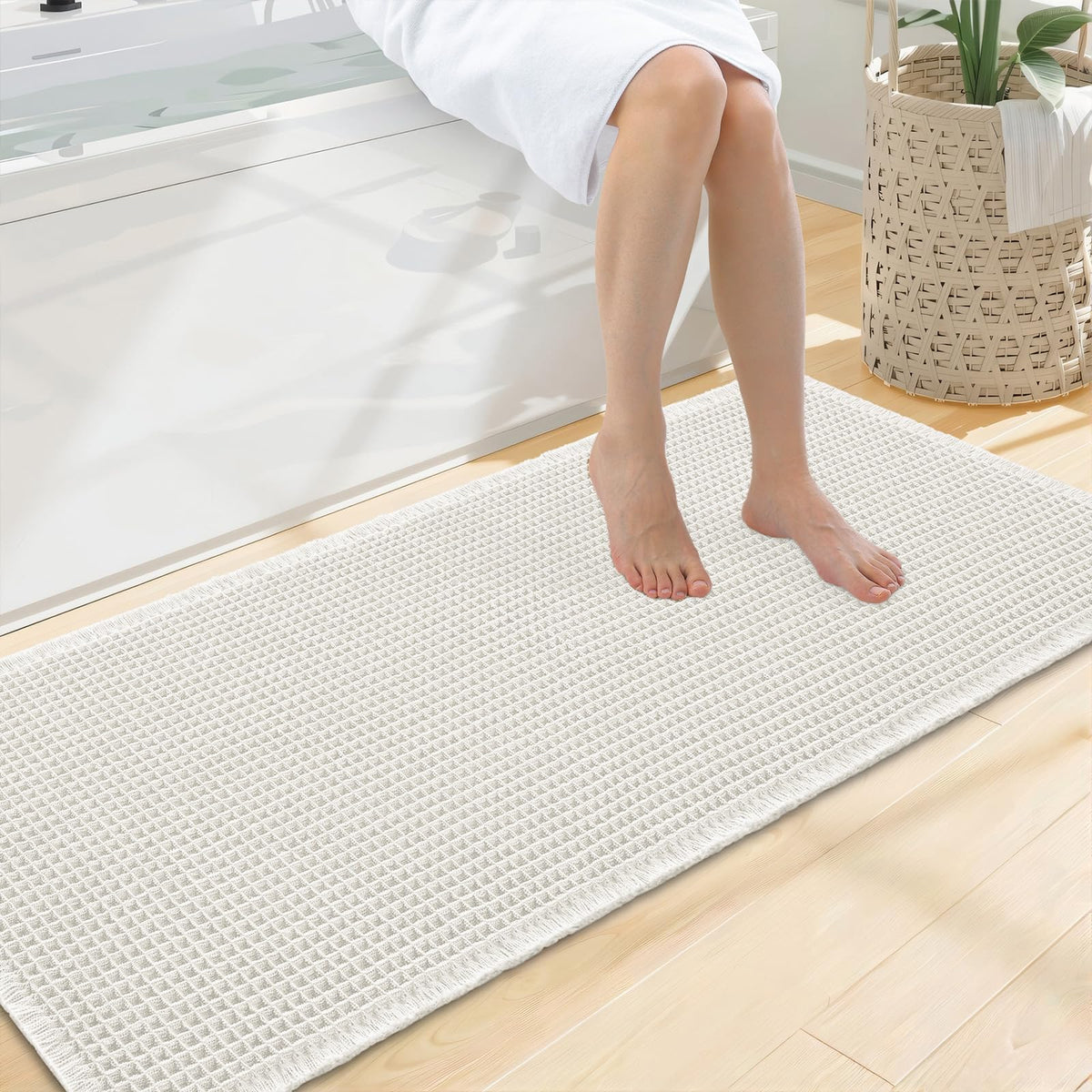 Smiry Waffle Bath Mat 24X16, Soft Absorbent Bathroom Rugs, Brown & Cream