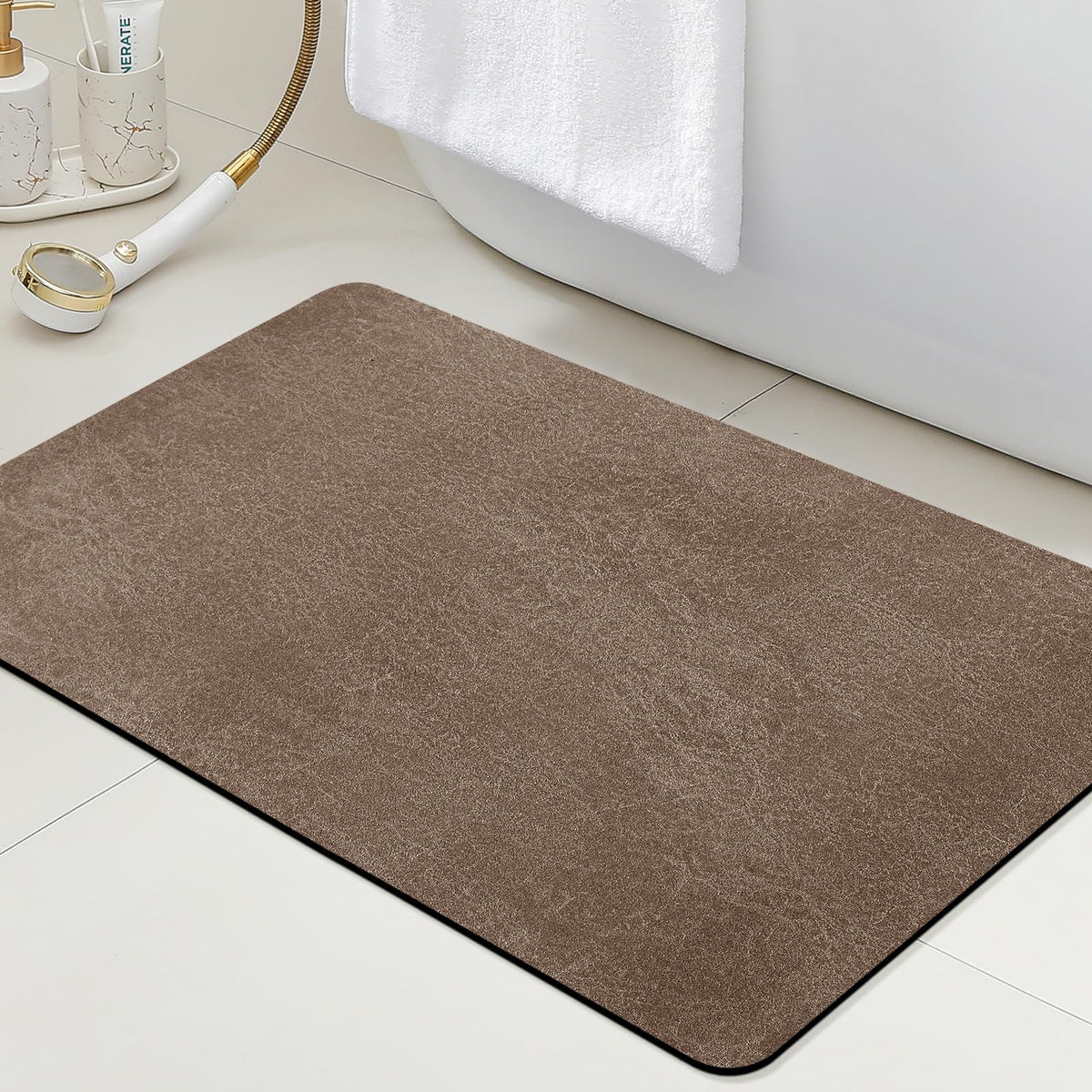 ACCUMTEK Non Slip Bath Mat, Thin Bathroom Rugs Fit Under Door, Quick Dry Bath Mats, Machine Washable Bath Rugs for Bathroom, Bathtub & Kitchen, Grey/Bordered/24 x17