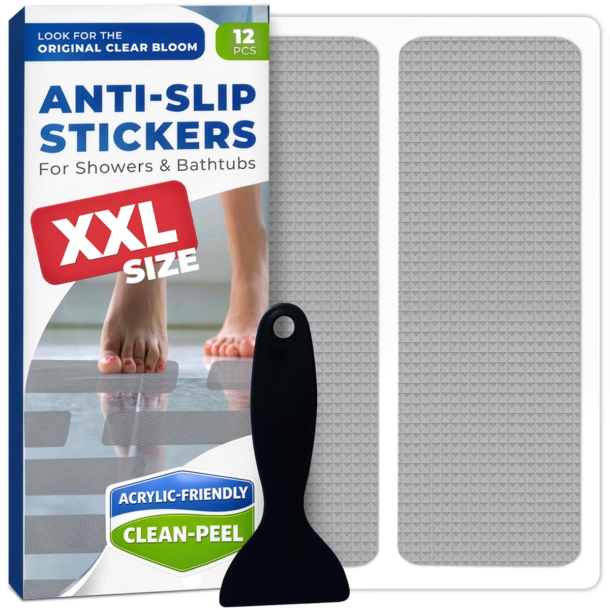 XXL Anti Slip Shower Stickers 12 PCS, Non-Slip Bath Tub Strips, Clear