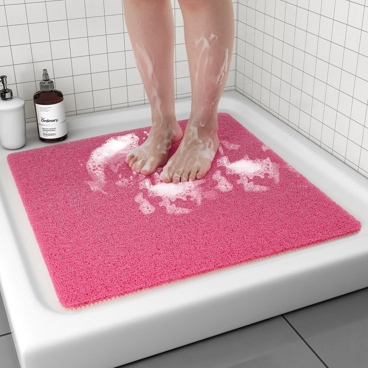 Non Slip Shower Mat, Comfortable Bath mat for Textured Surface,Quick Drying Easy Cleaning Shower Floor Mat for Wet Area,Without Suction Cups Grey 24 x 24