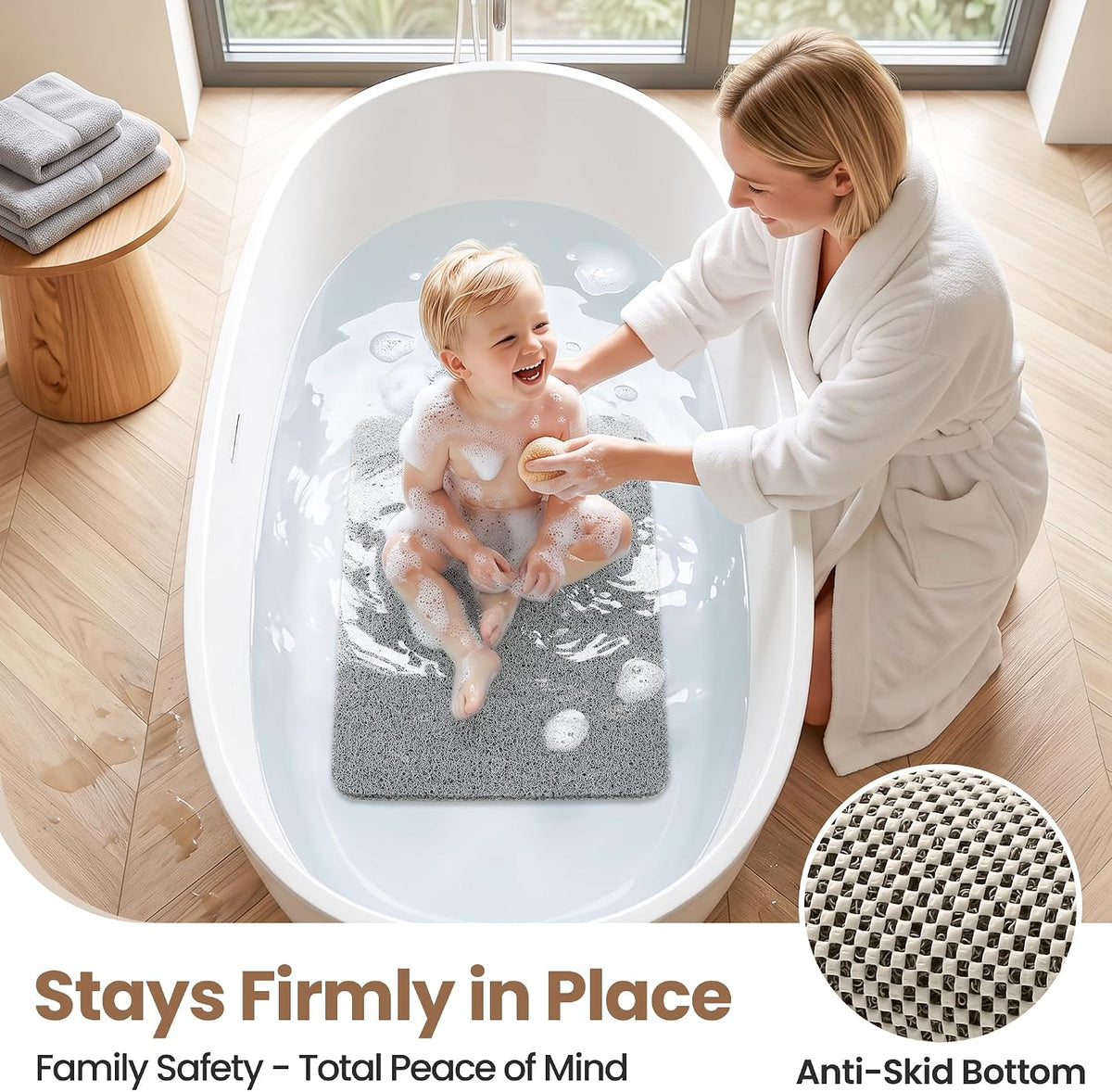 LuxStep Shower Mat Bathtub Mat,24x16 inch, Non-Slip Bath Mat with Drain, Quick Drying PVC Loofah Bathmat for Tub,Shower,Bathroom (Phthalate Free,Grey)