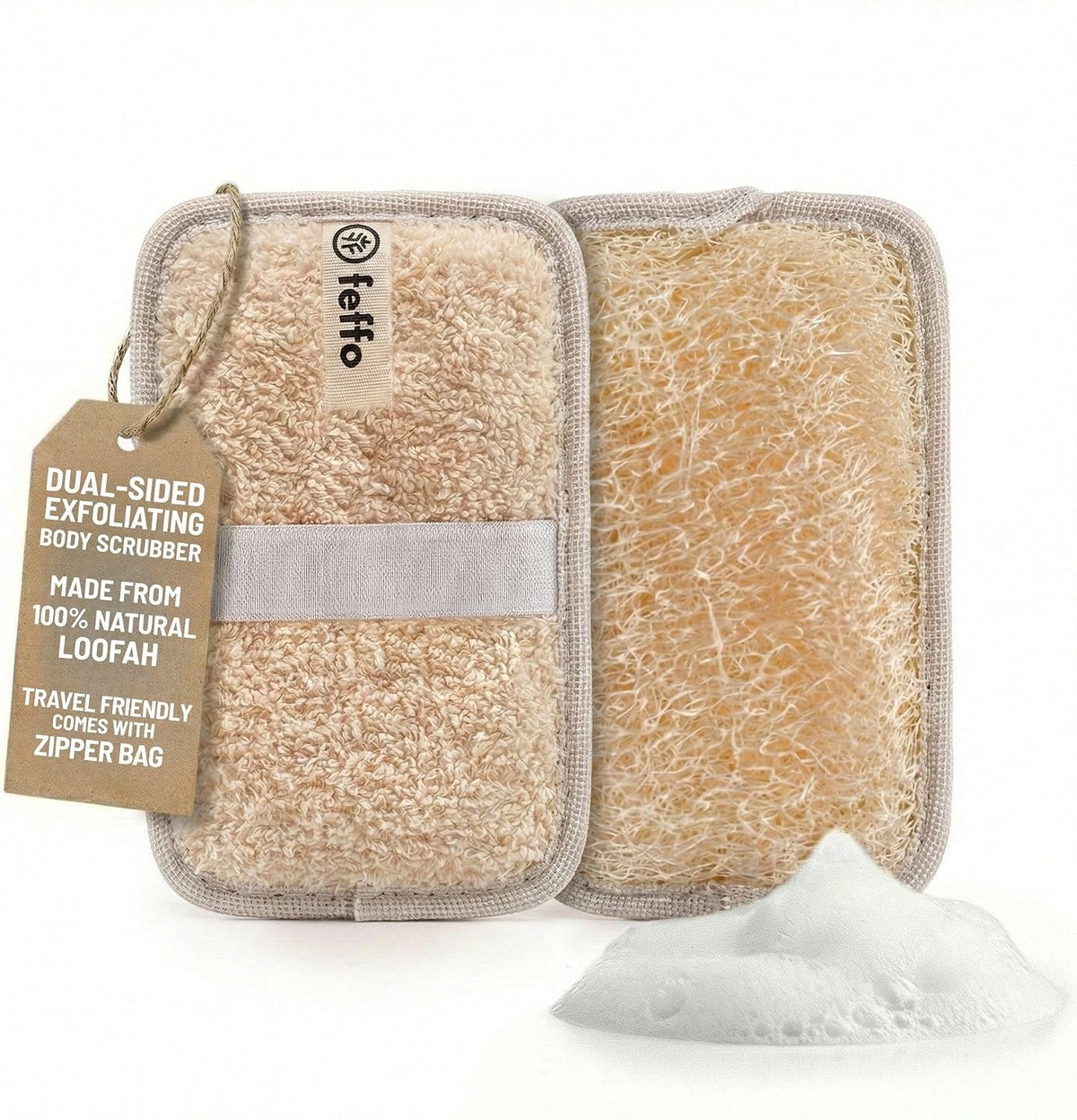 Natural Loofah Sponge for Body Scrub, Exfoliating Body Scrubber & Loofah with Handle, Exfoliating Pads, Loofah for Women, Men & Kids (2 Count - 1 Pack, Rectangular)