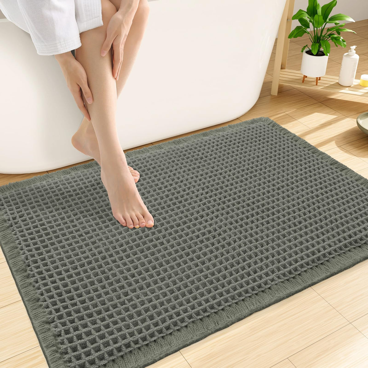 Smiry Waffle Bath Mat 24X16, Soft Absorbent Bathroom Rugs, Brown & Cream