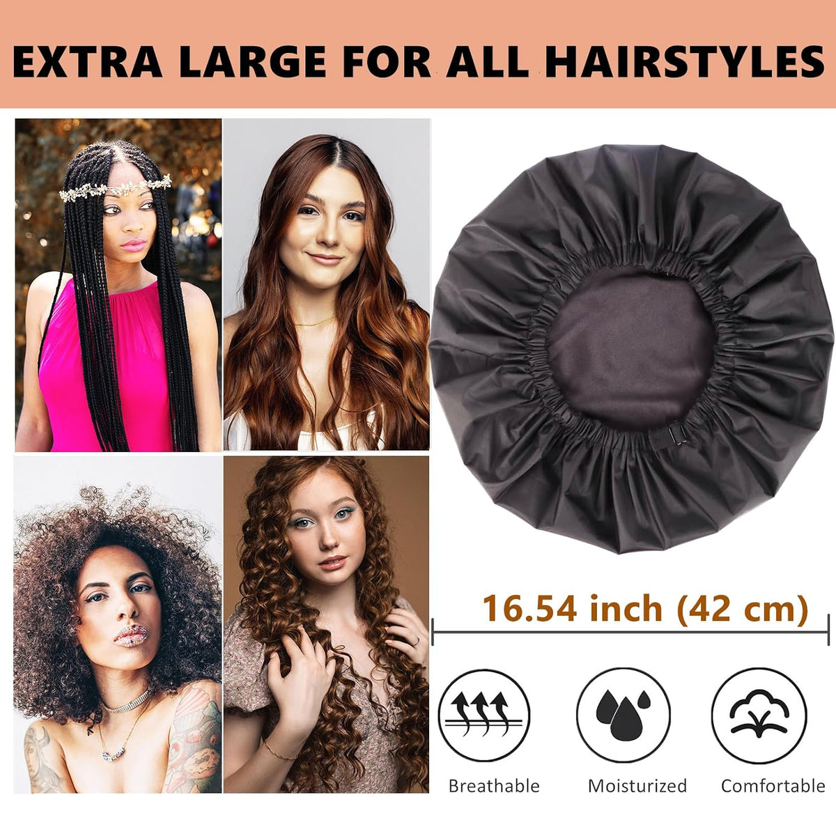 Shower Cap for Women Men Reusable Waterproof Bath Cap for Long Hair Braids