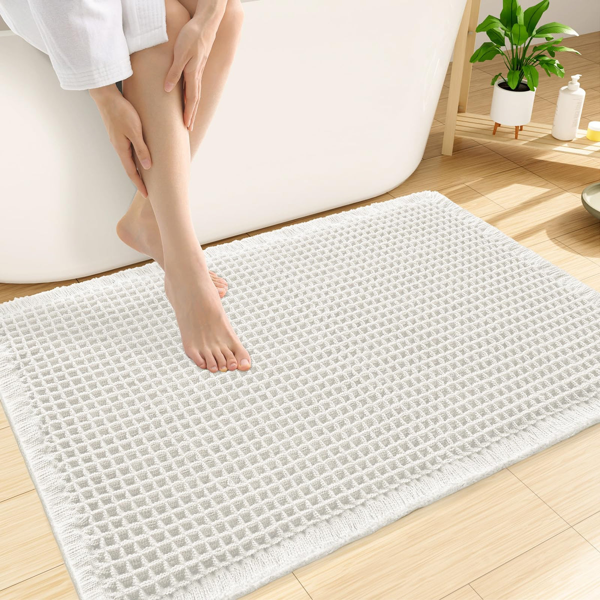 Smiry Waffle Bath Mat 24X16, Soft Absorbent Bathroom Rugs, Brown & Cream