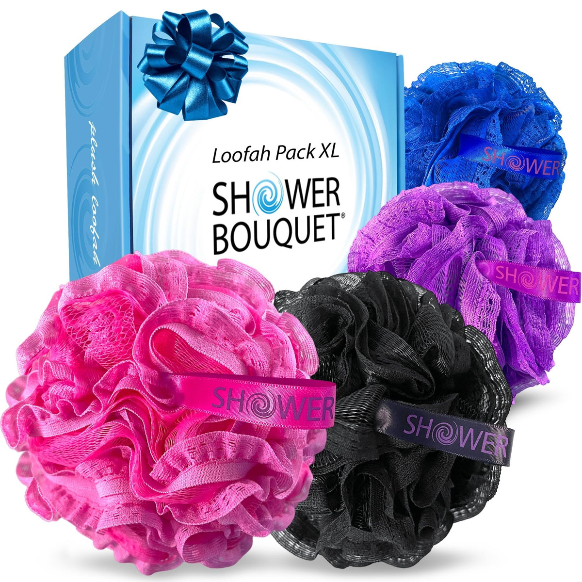 SHOWER BOUQUET Loofah-Bath-Sponge Lace-Mesh-Set // 2-Scrubs-in-1 Large 60g