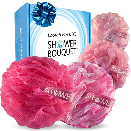 SHOWER BOUQUET Pink-Loofah Bath-Sponge XL 4-Pack // Extra Large 75g