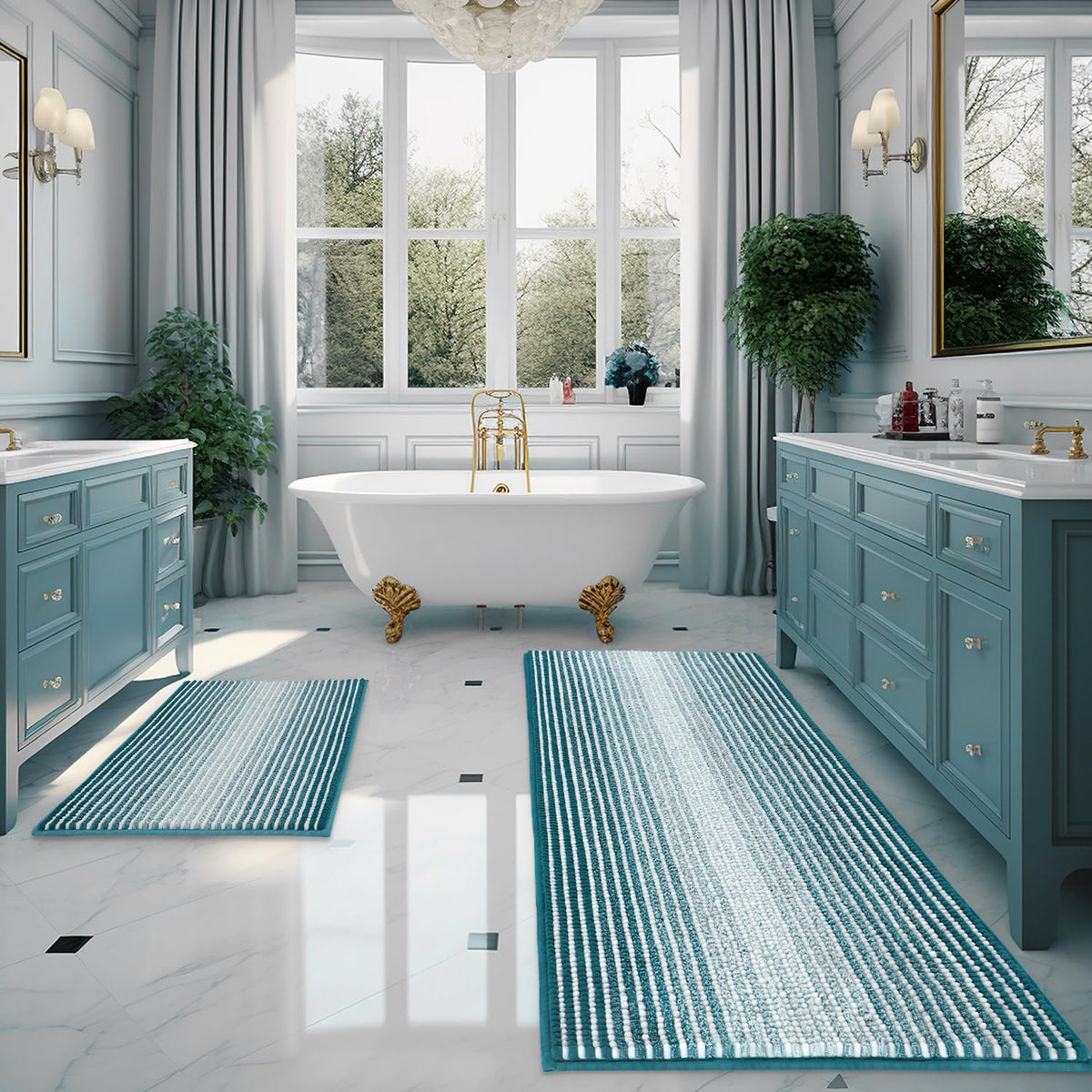 BSICPRO Bathroom Rugs Sets 2 Piece, Non Slip Striped Bath Mats, Fog Blue