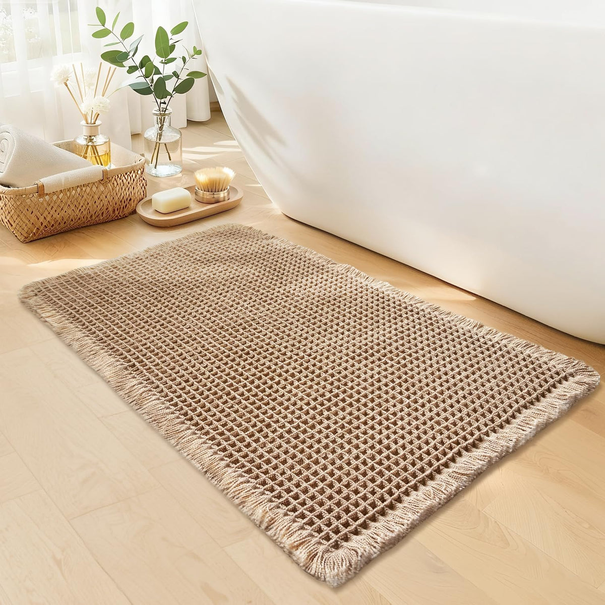 Waffle Bath Mat, Boho Bathroom Rugs Non Slip Washable, 18" x 30"