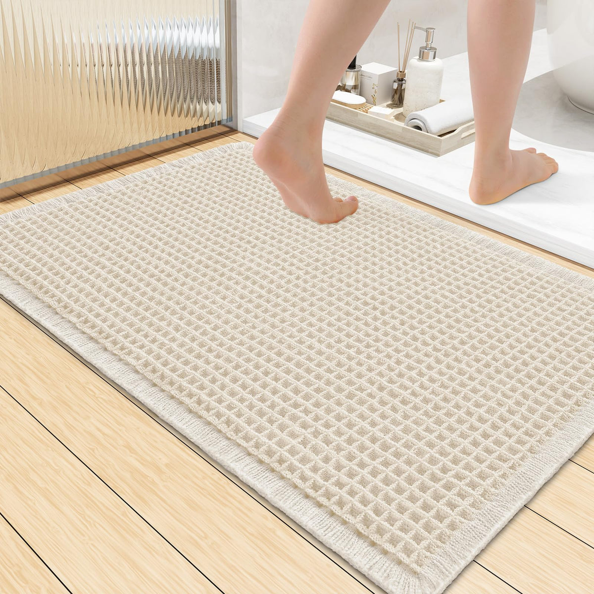 Smiry Waffle Bath Mat 24X16, Soft Absorbent Bathroom Rugs, Brown & Cream