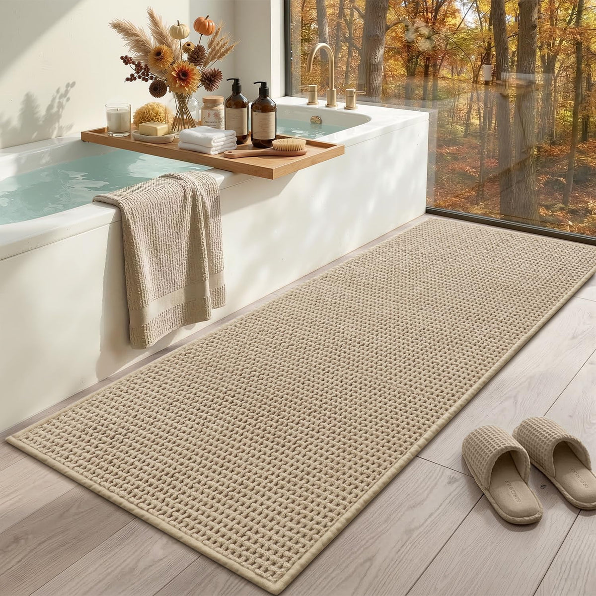 Color&Geometry Beige 30x17 Waffle Bath Mat, Rubber Non Slip Bathroom Rug