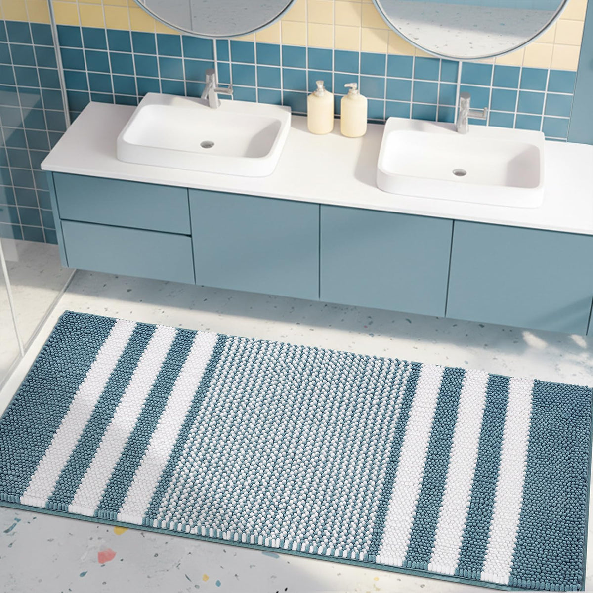 BSICPRO Bathroom Rugs Sets 2 Piece, Non Slip Striped Bath Mats, Fog Blue