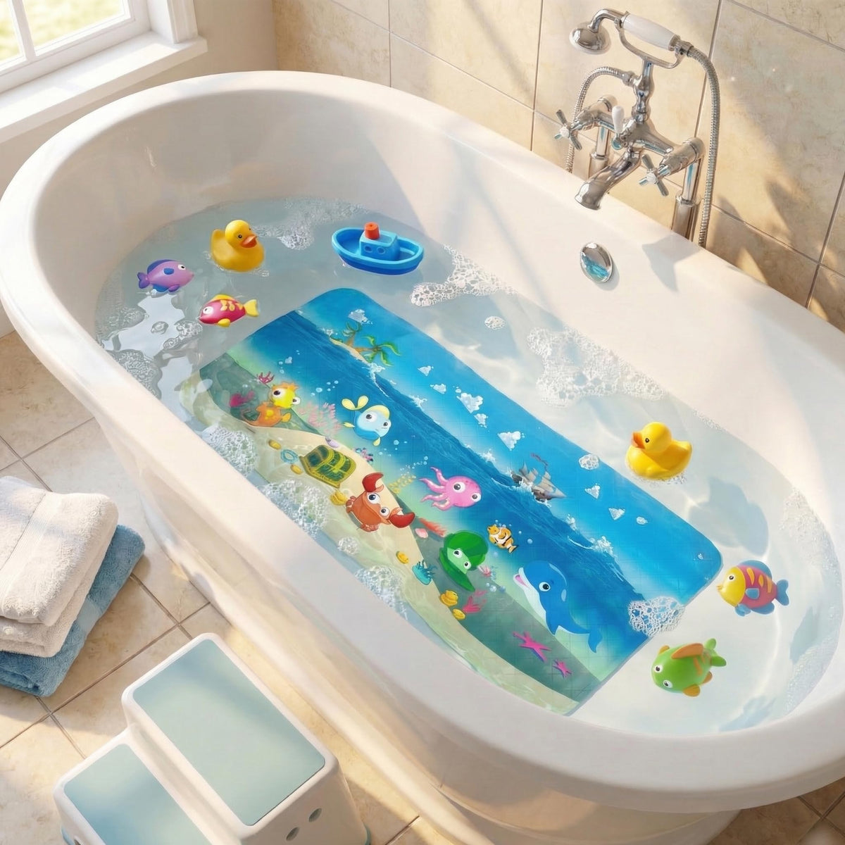 BEEHOMEE Kids Bath Mat for Tub, Non-Slip Toddler Bathtub Mat(Blue-Octopus)