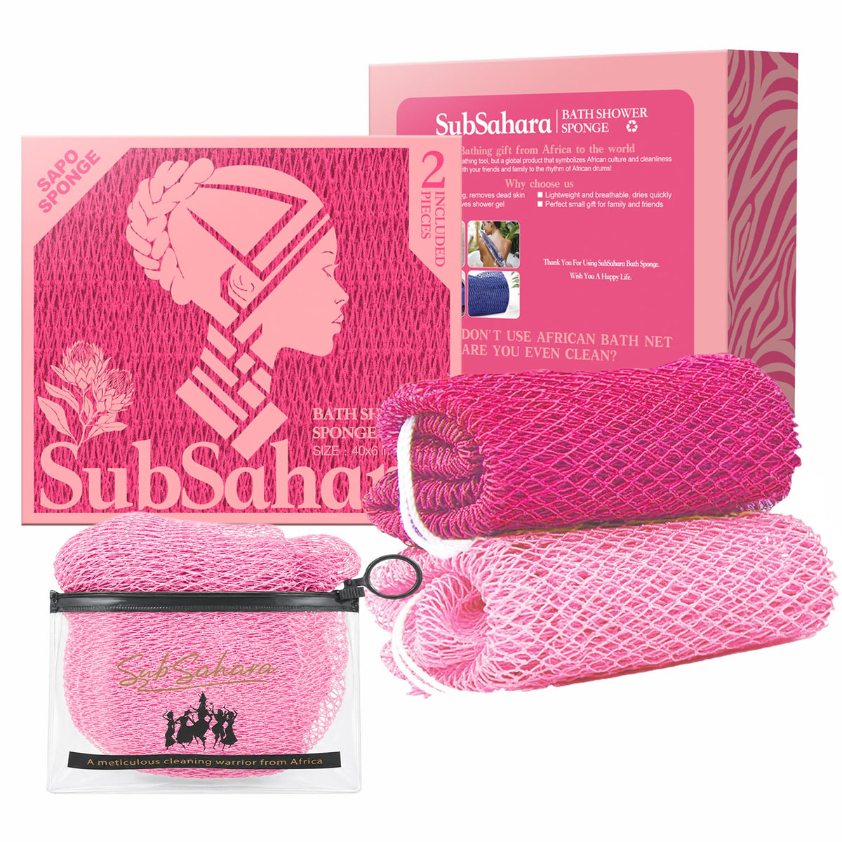 SubSahara African Net Sponge, 2 Pack 45-Inch Exfoliating Bath Scrubber