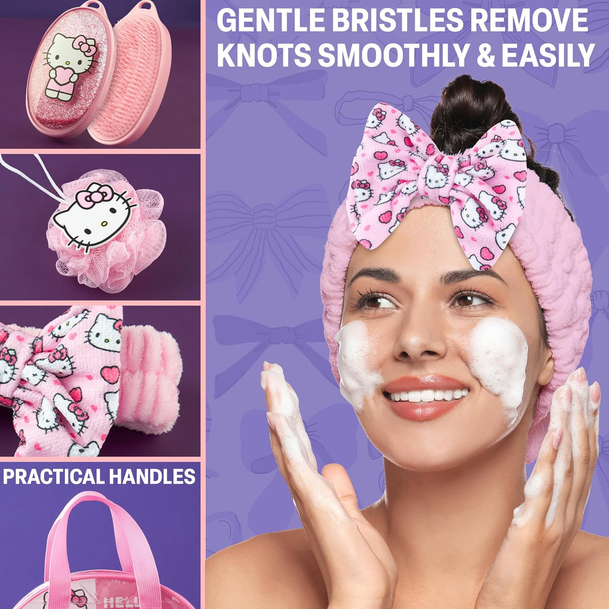 Hello Kitty Sanrio Shower Accessories Set, Kawaii Toiletry Bag with Shower Cap Headband Bath Sponge, Gifts for Girls, Teens, Women (Pink Hello Kitty)