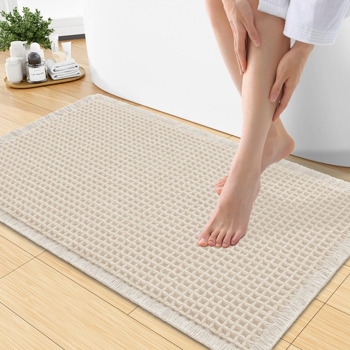 Smiry Waffle Bath Mat 24X16, Soft Absorbent Bathroom Rugs, Brown & Cream