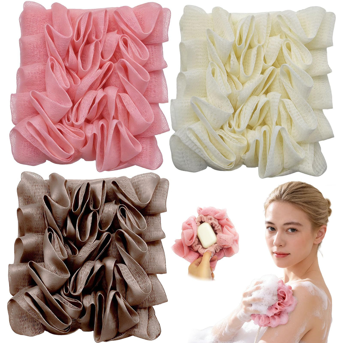 3-Pack Bar Soap Pouch, 2-in-1 Mesh Soap Scrubber Pouch with Loofah Washcloth, Washable and Reusable Soap Saver for Shower Lathering and Shower Use ﻿