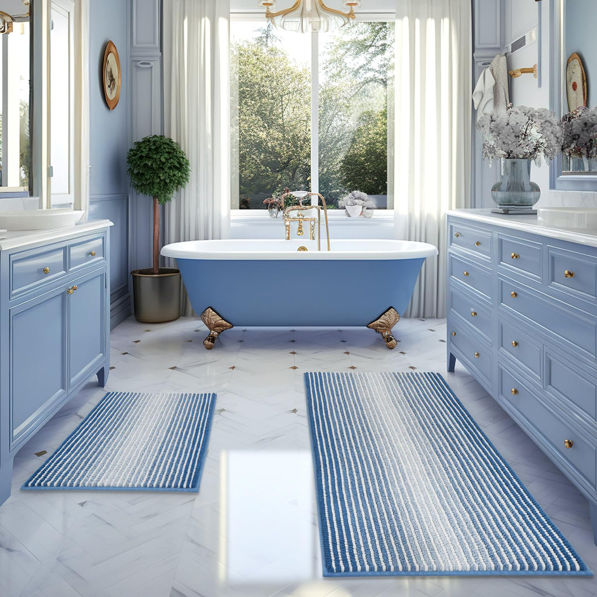 BSICPRO Bathroom Rugs Sets 2 Piece, Non Slip Striped Bath Mats, Fog Blue