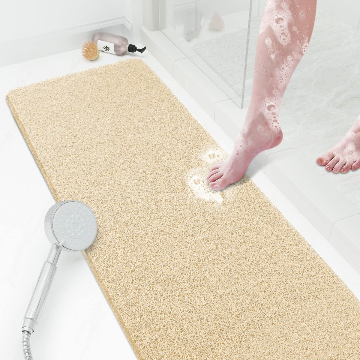 Shower Mat Bathtub Mat Non-Slip,24x16 inch, Soft Tub Mat with Drain,PVC Loofah Bath Mat (Phthalate Free) for Tub and Bathroom,Quick Drying,Black