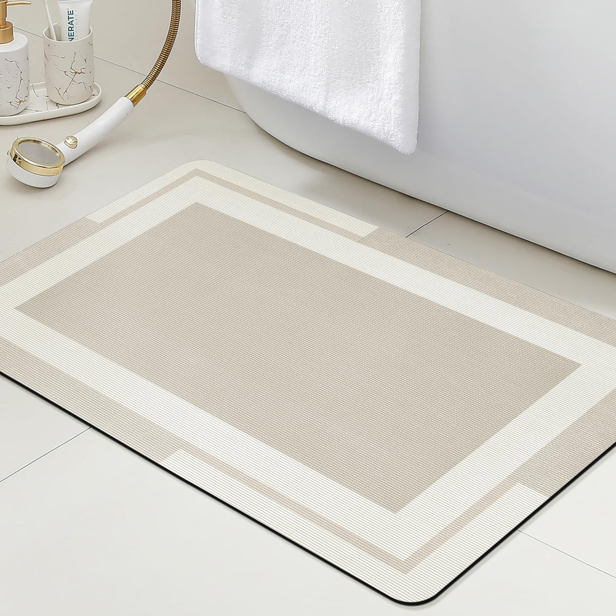 ACCUMTEK Non Slip Bath Mat, Thin Bathroom Rugs Fit Under Door, Quick Dry Bath Mats, Machine Washable Bath Rugs for Bathroom, Bathtub & Kitchen, Grey/Bordered/24 x17
