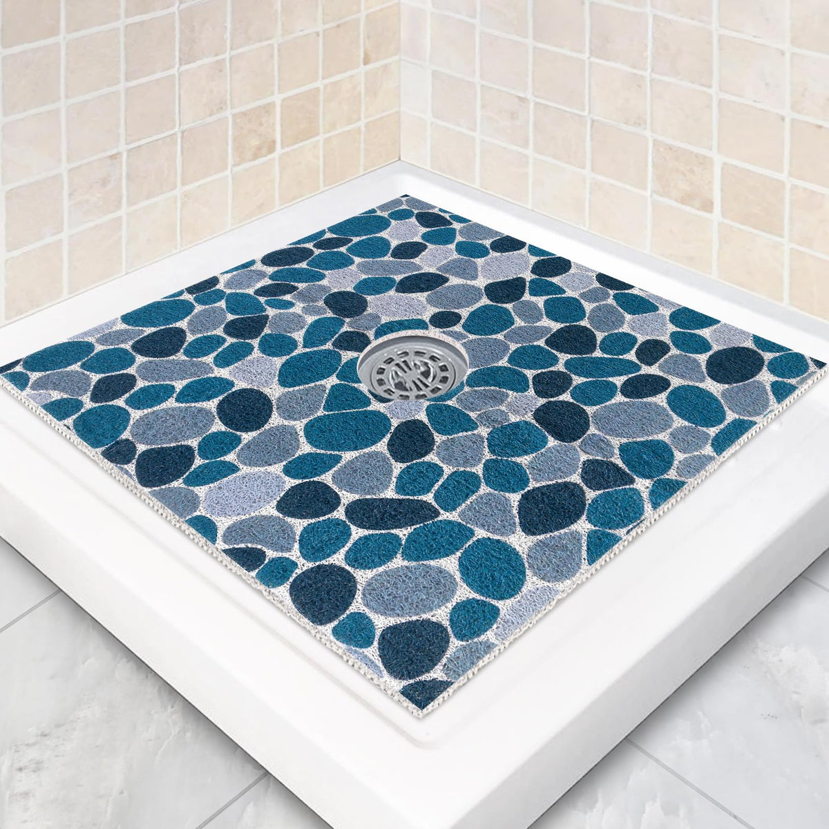 Square Shower Mat Non Slip: 24 x 24 Inch Shower Mats with Drain Hole in Middle - PVC Loofah Anti Slip Shower Floor Matt for Inside Shower