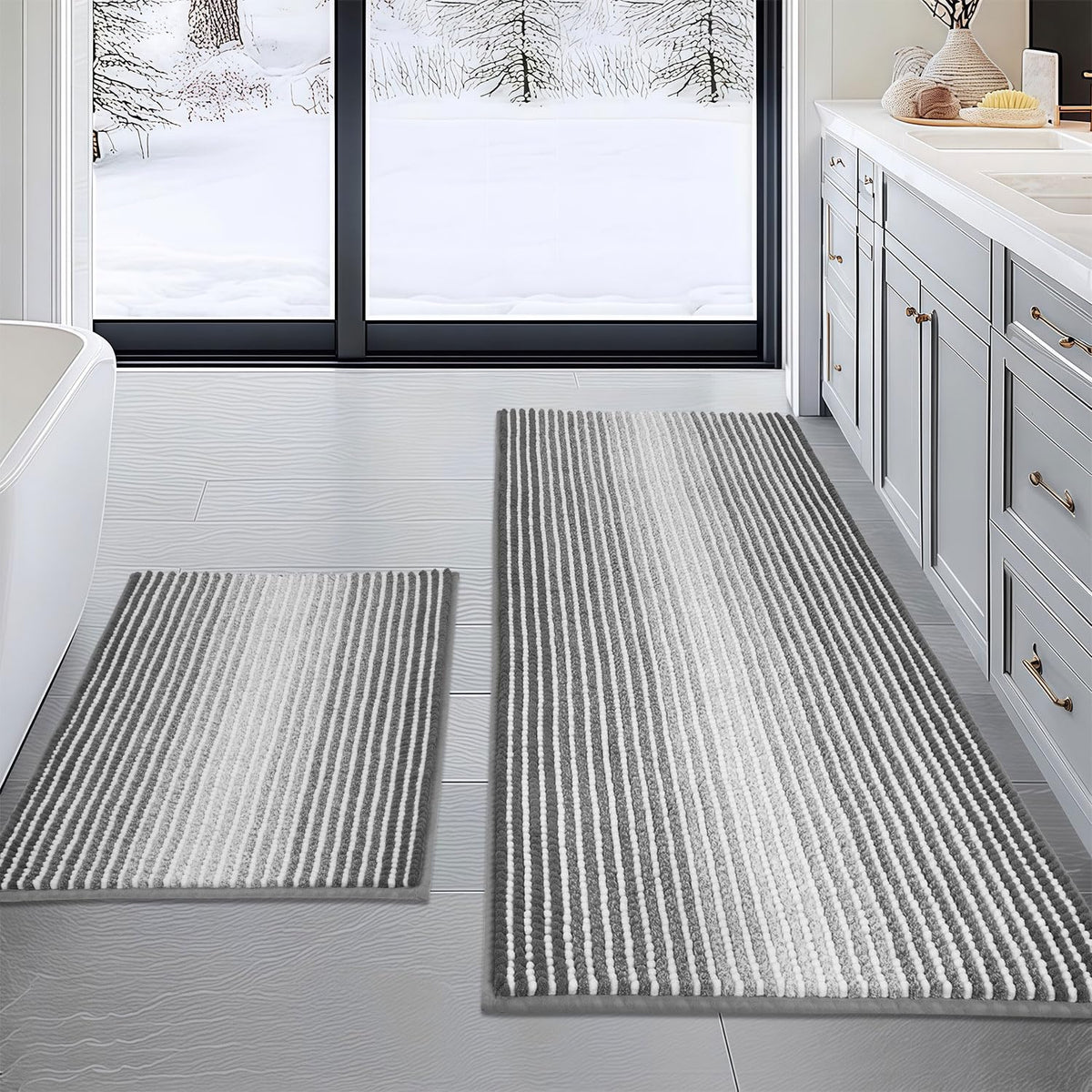 BSICPRO Bathroom Rugs Sets 2 Piece, Non Slip Striped Bath Mats, Fog Blue