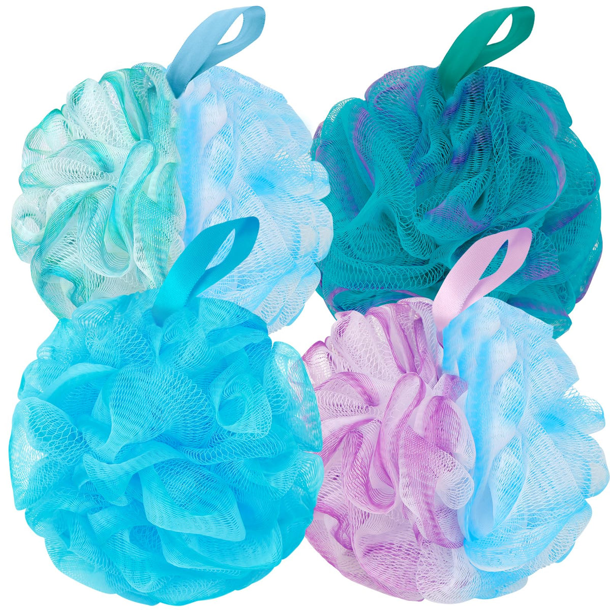 BCKENEY Bath Loofah Shower Sponge Body Back Scrubber Soft Mesh Shower Puffs Exfoliating Loofa for Women & Men Bath Accessories Cleaning Tool (Pack of 4 60G Loofah, Dark Elf)