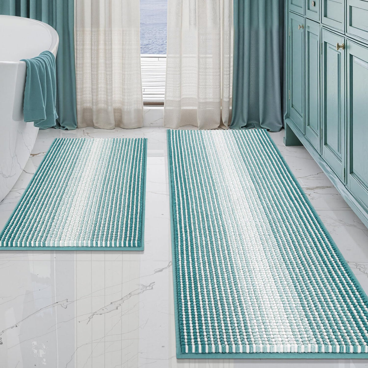 BSICPRO Bathroom Rugs Sets 2 Piece, Non Slip Striped Bath Mats, Fog Blue