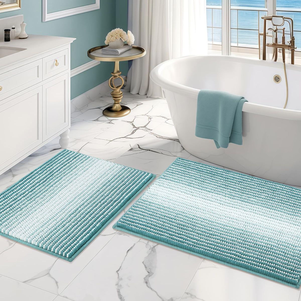 BSICPRO Bathroom Rugs Sets 2 Piece, Non Slip Striped Bath Mats, Fog Blue