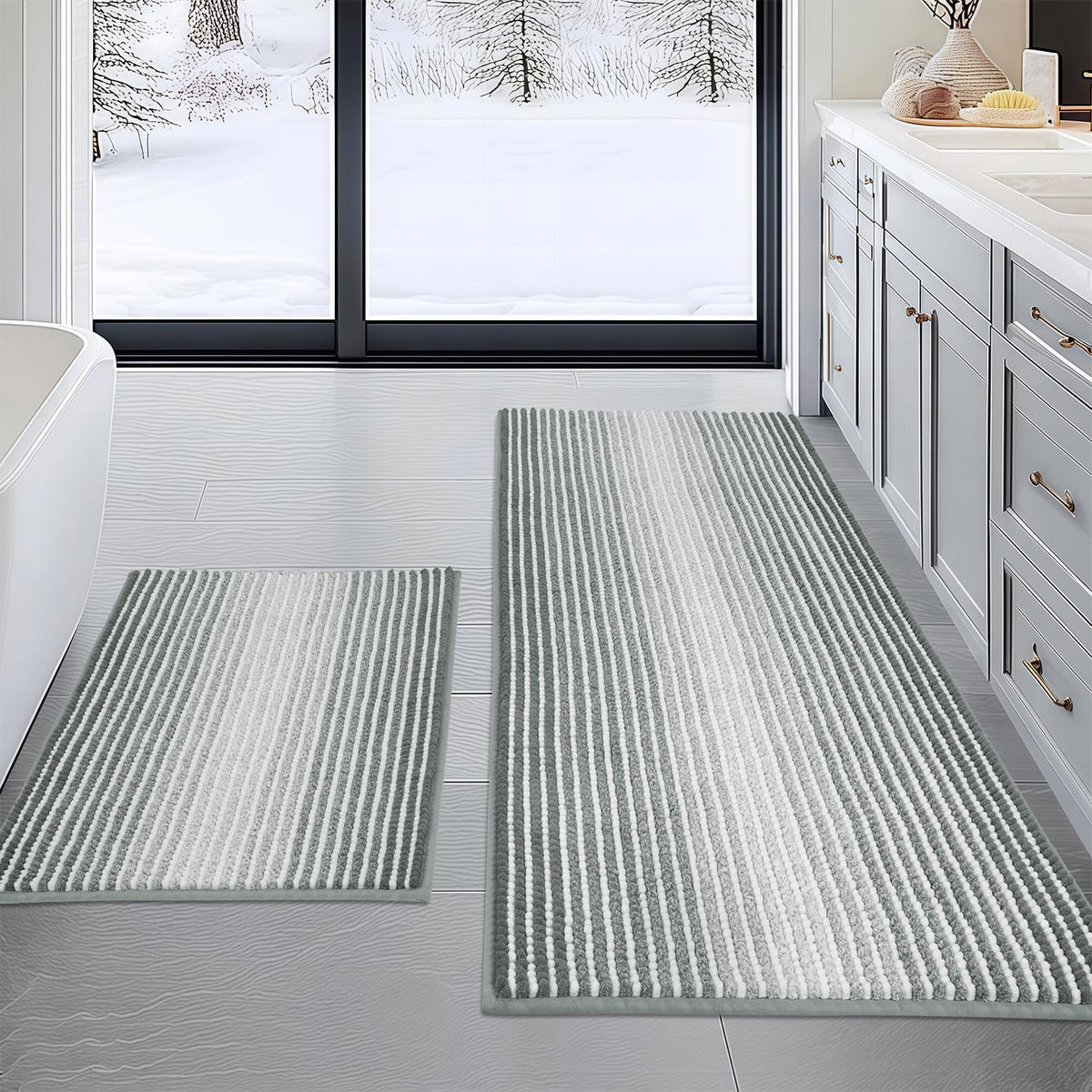 BSICPRO Bathroom Rugs Sets 2 Piece, Non Slip Striped Bath Mats, Fog Blue