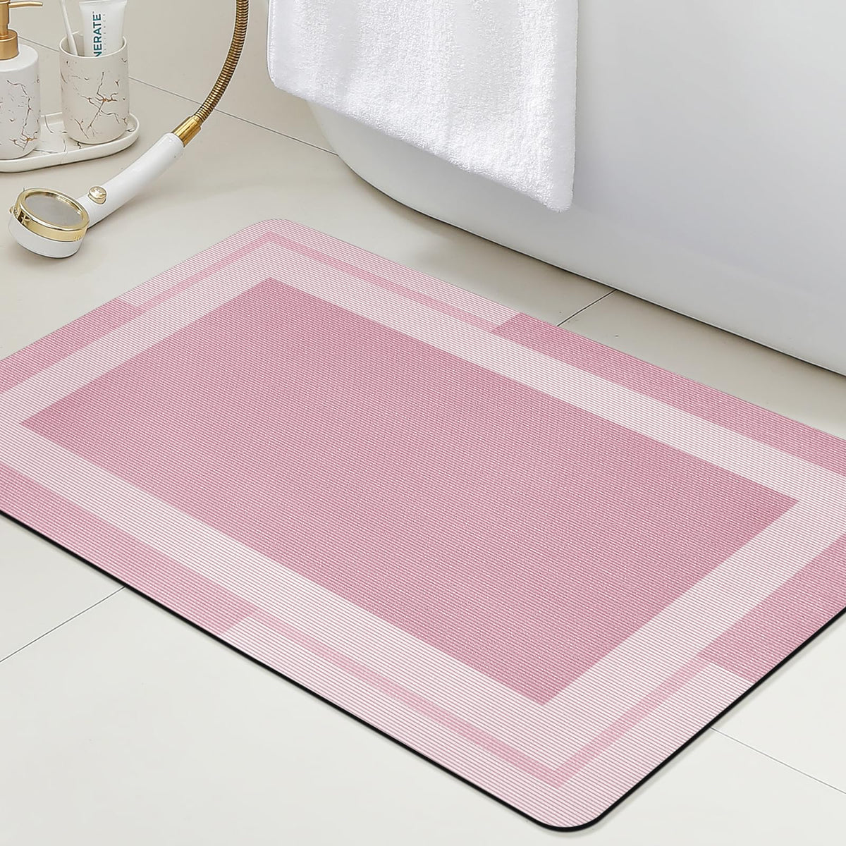 ACCUMTEK Non Slip Bath Mat, Thin Bathroom Rugs Fit Under Door, Quick Dry Bath Mats, Machine Washable Bath Rugs for Bathroom, Bathtub & Kitchen, Grey/Bordered/24 x17