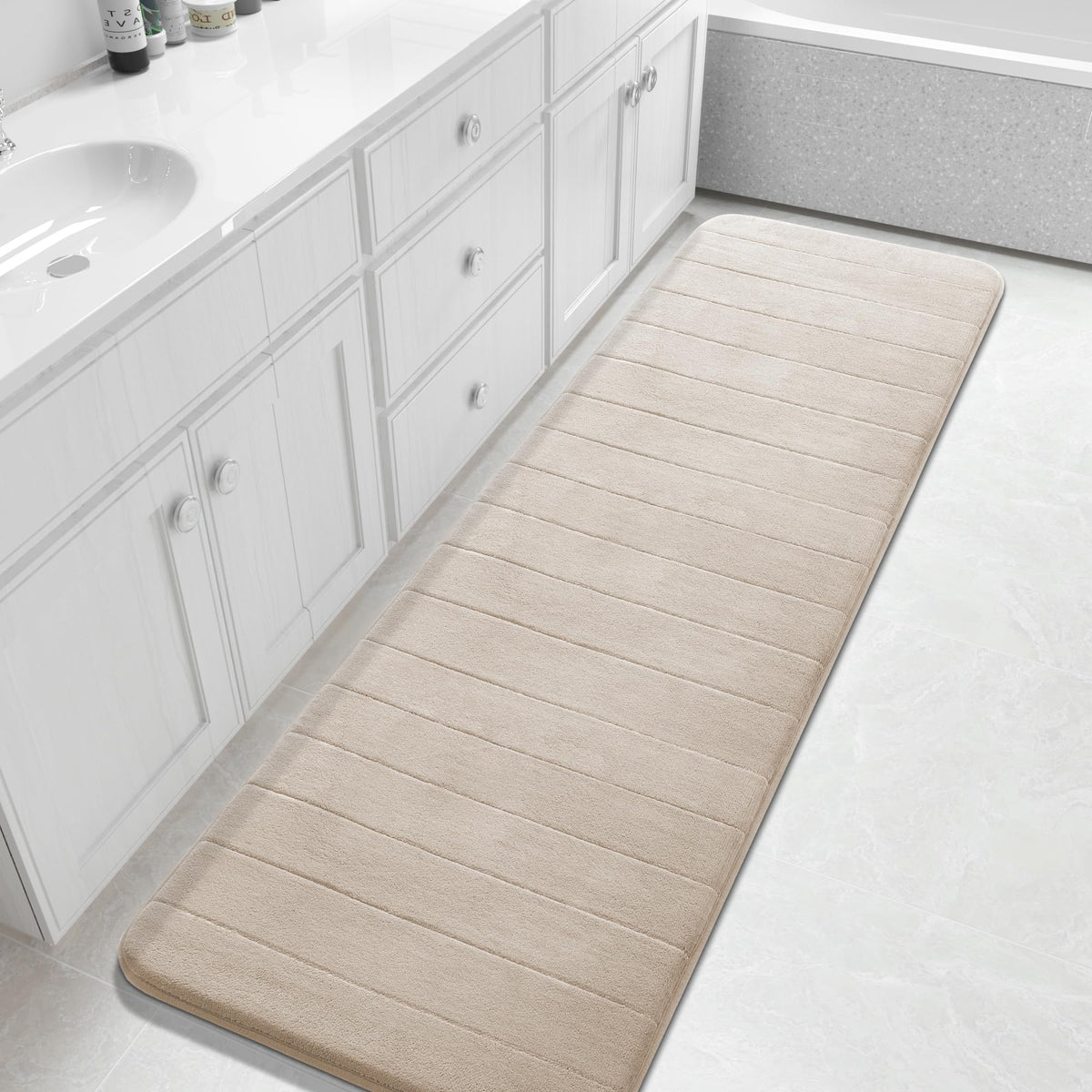 Yimobra Memory Foam Bath Mat, Super Soft Absorbent Bathroom Rug Non Slip 31.5x20 Inch, Quick Dry, Machine Washable Floor Carpet for Tub Shower, Home Decor Accessories, Beige