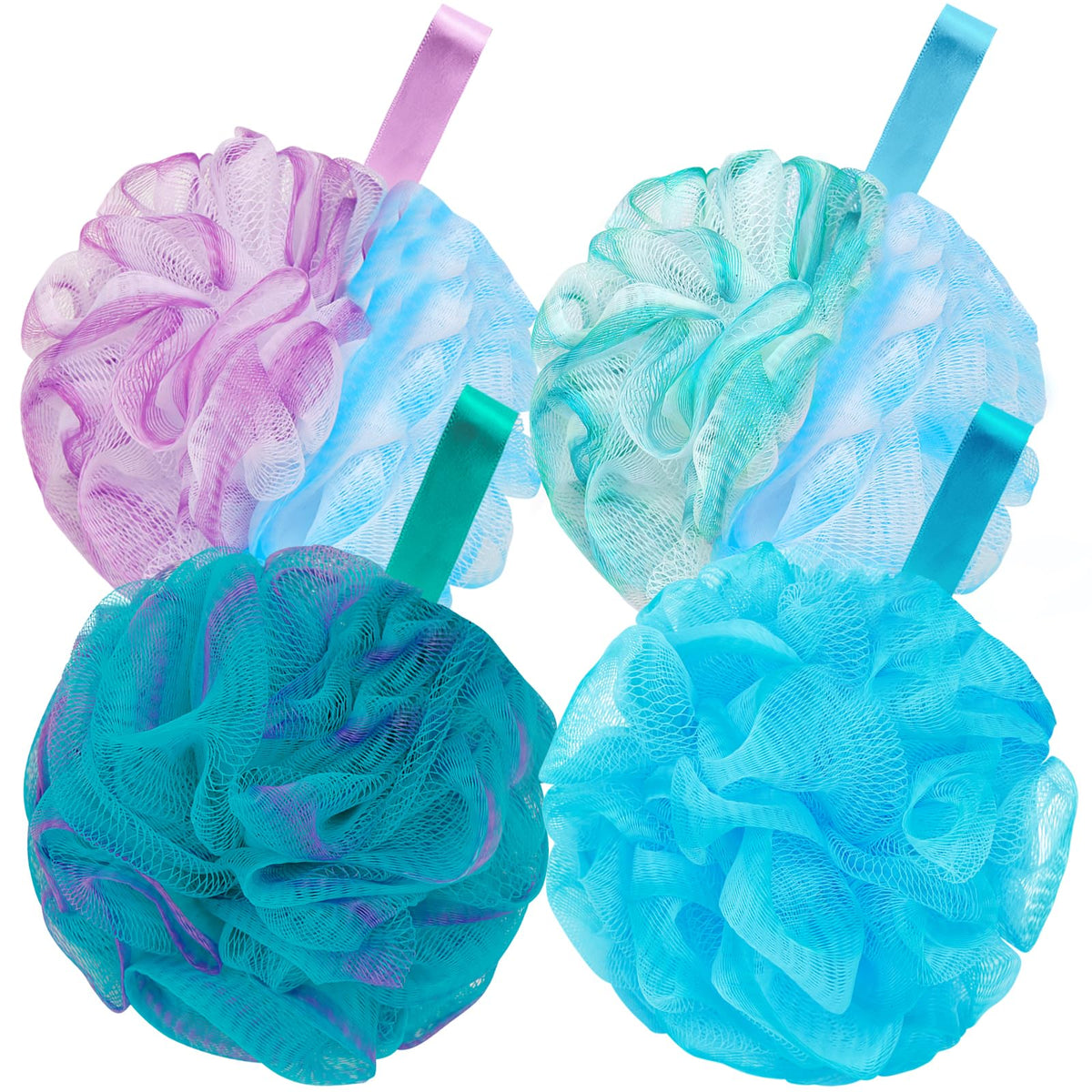 BCKENEY Bath Loofah Shower Sponge Body Back Scrubber Soft Mesh Shower Puffs Exfoliating Loofa for Women & Men Bath Accessories Cleaning Tool (Pack of 4 60G Loofah, Dark Elf)